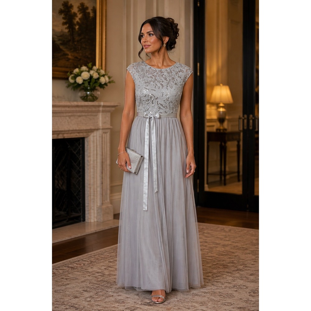 Candalite Silver Sequin Tulle Formal Maxi Dress Small
